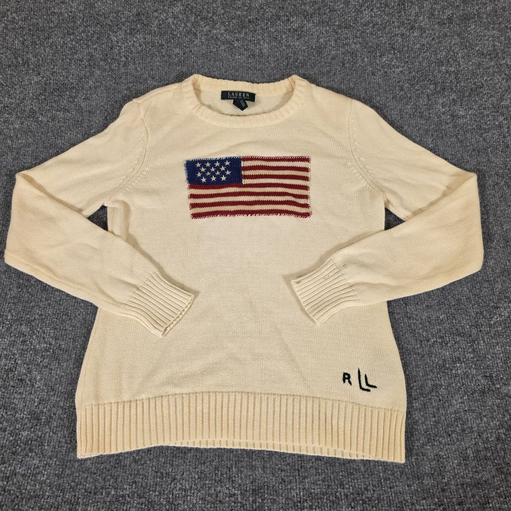 Lauren Ralph Lauren Womens Cream Cotton American Flag Crewneck Sweater Small